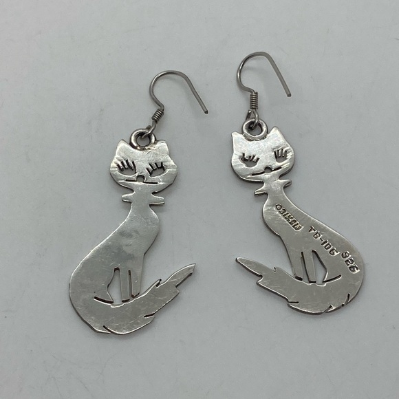 Vtg Taxco 925 Sterling Silver Kitty Cat Dangle Earrings | 1.9” L | 14g W - Picture 3 of 8
